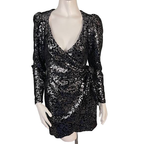 Reformation Long Sleeve Sequins Wrap Cocktail Party Mini Dress XS Black - Picture 2 of 15